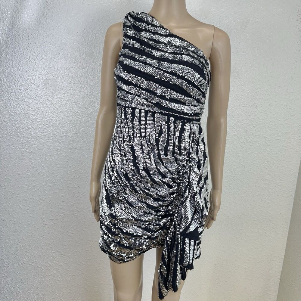 TopShop Black Zebra Print Sequins Silver One Shoulder Mini Club Party 2 New